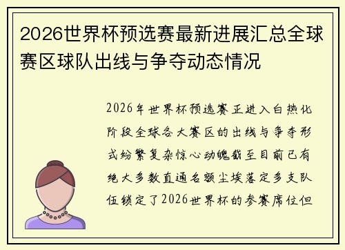2026世界杯预选赛最新进展汇总全球赛区球队出线与争夺动态情况